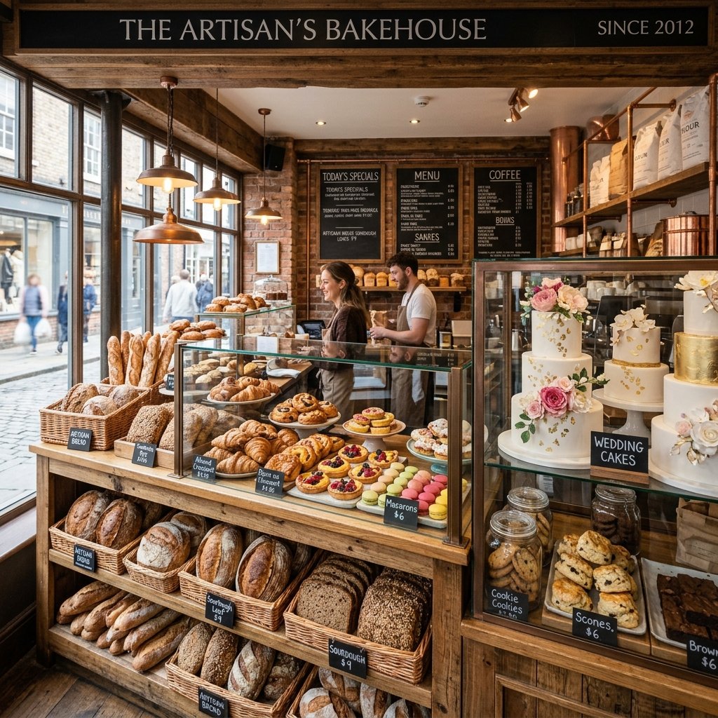 Premium bakery showcase filled with designer wedding cakes and colorful pastries